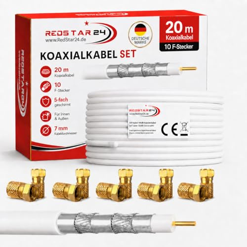 RedStar24 20m Koaxial SAT Kabel 135dB Digital Antennenkabel 5-Fach geschirmt für Ultra HD 4K DVB-S / S2 DVB-C/C2 und DVB-T BK Anlagen | Koaxialkabel Weiß inkl. 10 vergoldete F-Stecker (Weiß, 20m)