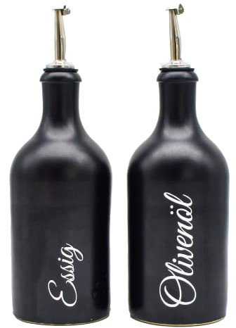 FLASCHE Öl und Essig Spender Set mit Edelstahl Ausgießer, Holzgriffkorken Beschriftung, 500ml