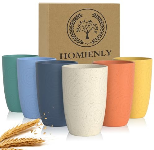 Homienly Plastic Cups Alternatives Unbreakable Drinking Glasses Wheat Straw Cup Sets for Kitchen Camping Party RV Stackable Water Tumblers Dishwasher Freezer & Microwave Safe 6 PCS (12OZ, Multi)