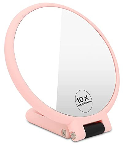 Miroir à Main De Maquillage à Double Face - Grossissement 10x Pivotant à 360 Degrés, Pliable avec Poignée pour Voyage, Rond, De Table