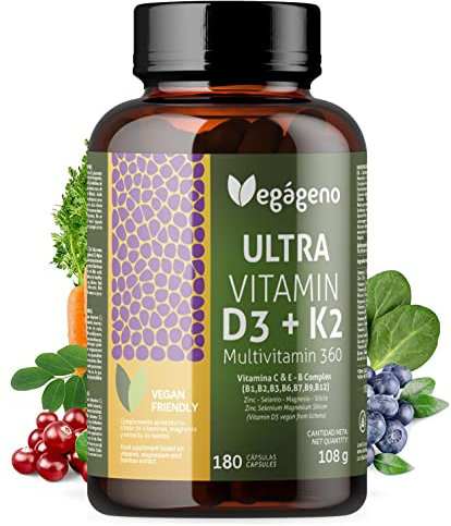 ULTRA VITAMIN D3 e K2 180 Capsule Veg Multivitaminico con Vitamine C, E e B COMPLEX (B1,B2,B3,B6,B9,B12), Biotina, Acido Folico, Niacina, Tiamina. Mirenali: Zinco, Selenio, Silicio e Magnesio.