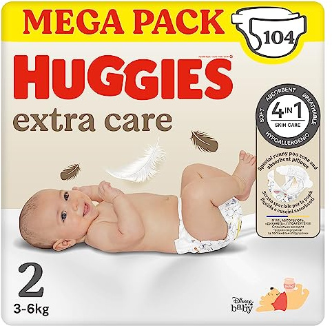 Huggies Extra Care - Pañales para bebé, talla 2 (3-6 kg), ultraabsorbente, diseño Disney, paquete Mega, 104 unidades