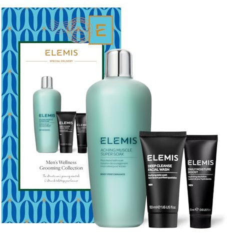 Elemis Limited Edition Men's Wellness Grooming Collection, Luxury Bath & Skincare Bundle Gift Set, Full Size Aching Muscle Super Soak, Travel Deep Cleansing Face Wash & Daily Moisturiser