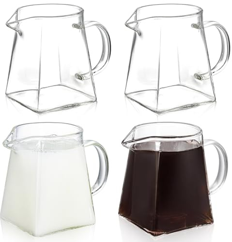 Yarlung 4-Pack Small Glass Pitcher, 12 Oz/340ml Clear Creamer with Handle, Creative Coffee Milk Pitcher Tea Fair Cups for Table Serving, Square Base