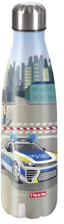 Step by Step Isolierte Edelstahltrinkflasche „Police Car Cody blau - grau, Polizei, für kohlensäurehaltige Getränke, auslaufsicher, Schraubverschluss, 100% recycelbar, Schule & Freizeit, 0,5 Liter