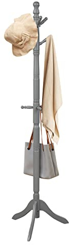 GIANTEX Garderobenständer mit 9 Haken aus Holz, Kleiderständer mit dreibeinigen Sockeln, Gummiholz, höhenverstellbar, stabiler Standgarderobe für Flur, Schlafzimmer (Grau)