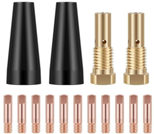 15st Schweiß Zubehör Set, Verschleißteile Set, 2 Gasdüse Konisch Steckbar 2 Düsenstock, 11 Stromdüse 0,8 mm für MB15AK MI-G MA-G (0,9mm)