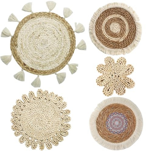 Wedhapy Gewebter Wandkorb Boho Wandkunst 5 Stück rund böhmischer Makramee Wandbehang Stroh Wanddekoration 20,3 cm/25,4 cm/30,5 cm/38,1 cm Wandkorb Dekor für Wohnzimmer