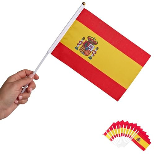 Runesol Pack de 12 Banderas Española Miniatura, 14cm x 21cm, Bandera de Mano Internacional, Bandera en un Palo, Decoración de Banderas, Española, Deportes, Eventos, Epifanía