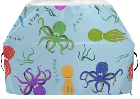 Grillabdeckungen mit verstellbarem Klettverschluss, Grillabdeckung für Weber, Brinkmann, Char Broil, wasserdicht, winddicht, Oktopus, bunte Gasgrillabdeckung, 165 x 63,5 x 114 cm