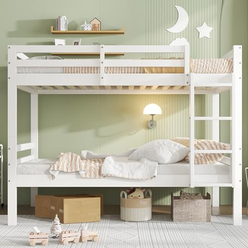 Goeria Etagenbett für Kinder, Kinderbett mit dreistufiger Winkelleiter und Absturzsicherung, Bett aufgeteilt in 2 Einzelbetten, Jugendbett, Einzelbett, Rahmen aus Kiefer, Weiß (90x200cm)