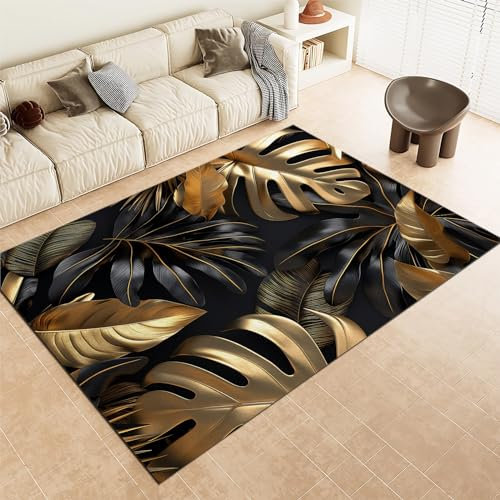 Schwarz Teppiche Gegend Moderne goldene Tropische Blätter Teppich Wohnzimmer 80 x 150cm Waschbarer Teppich Kurzflor Teppich Anti-Rutsch Unterseite Heimdeko für Schlafzimmer