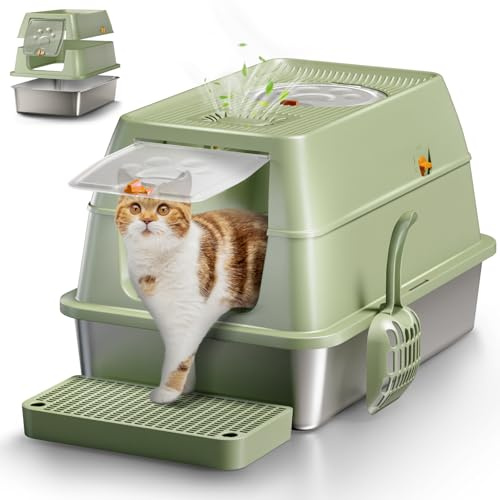 Stainless Steel Cat Litter Tray with Lid, XXL Enclosed Cat Litter Box with High Sided for Big Cats, with Removable Lid &Scoop - Green
