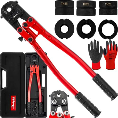 DELPHI Set di pinze idrauliche per tubi TH Ø 6-26 mm, pinza crimpatrice a 360°, con regolazione della pressione, pinza per tubi a pressione professionale, strumento di base idraulico manuale per tubi
