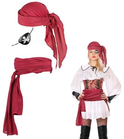 MOKIDO Piraten Kostüm Zubehör Set, Mittelalter Piraten Accessoires Set, Piraten Schärpe, Piraten Kopftuch mit Augenklappe, Piraten-Bandana, Augenklappe Pirat Pirate Costume für Kinder Erwachsene