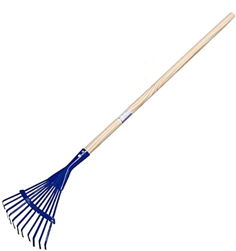 Kinder Gartenrechen Metall mit Holzstiel, Kinder Garten Spielzeug Laub Rechen Fächerbesen (Blau)