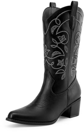 DREAM PAIRS Stivali da cowboy da donna, stivali da cowgirl con punta quadrata ricamati, stivali da cowgirl alla moda da donna con tacco grosso a metà polpaccio, Poliuretano nero., 42 EU