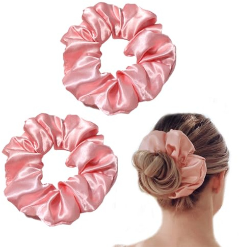 BIRLOZA 2 Pezzi Elastici Capelli Donna, Scrunchies per Capelli, Premium Satin e Seta, Elastic Capelli per Lunghi Capelli Ricci Sottili Spessi Ragazze (Rosa)