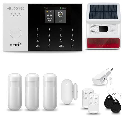 HUXGO® HXA005 Sistema di allarme casa senza fili con radio Sirena esterna solare WiFi + GSM 4G | Impianto allarme casa kit con 1x sensori di allarme per finestre/portes, 3x rilevatori di movimento