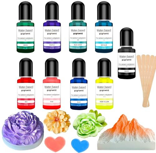 Altaroo 9 Stück Farbpigmente für Gießpulver, Gießpulver Farbe 9 Farben mit 5 Rührstäbchen, Farbe für Gießpulver Pigment auf Wasserbasis für Betonfarbe, Gips, Zementfarbe, Keramik -je 10ml