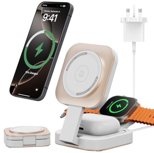 3 in 1 Wireless Charging Station for Apple Device, Foldable Wireless Charger Stand for Magsafe for iPhone 17/Air/16/15/14/13/12 Series, Apple Watch Series, AirPods pro/2/3/4(Adapter Included) (Golden)