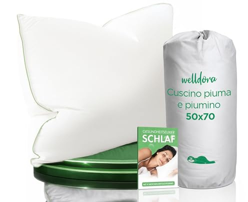 Welldora Cuscino 50x70 Alta Qualità | Cuscino Piuma d’Oca e Piumino 100% Naturali | Guanciale Cervicale Ergonomico 3 Camere Medio Duro Scientificamente Testato, Certificato Oeko-Tex. in Germania