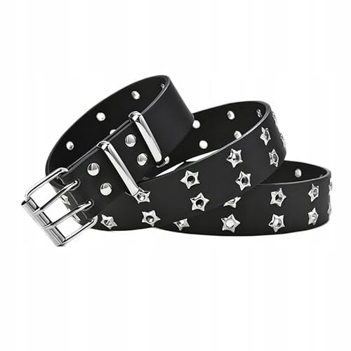 Little Angel Gothic Nietengürtel für Damen und Herren – Punk Rock Gürtel in Schwarz mit silbernen Stern-Nieten – Verstellbarer Taillengürtel – Ideal für Jeans, Hosen, Festival, Streetwear