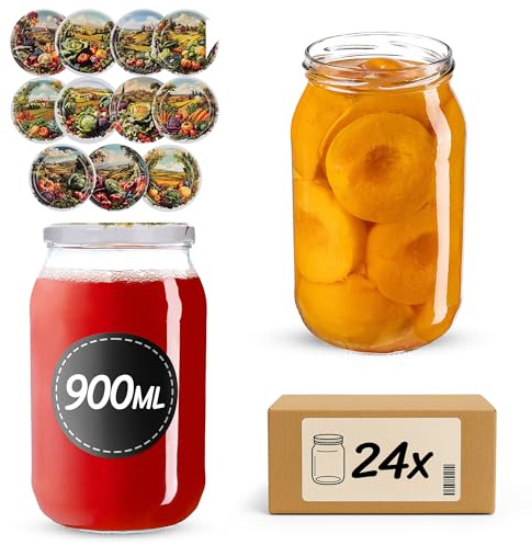 KADAX Lot de 24 grands bocaux en verre 900ml Ø82 – Couvercle Twist-Off hermétique TO82 – Pour conserves, cornichons, légumes fermentés & confitures maison