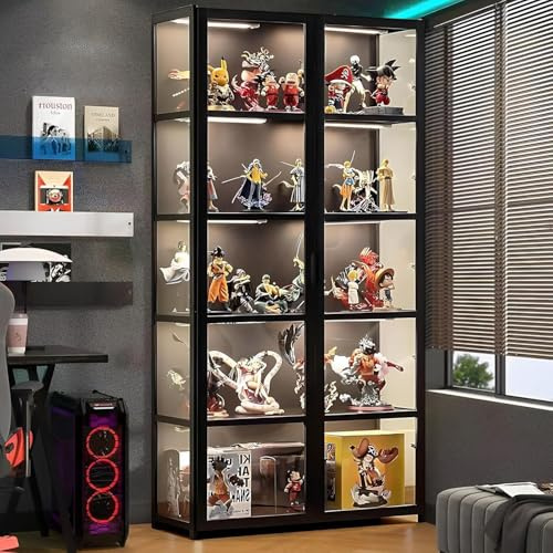 Scribora Standvitrine mit Acrylglas, 5 Böden Glas Vitrinenschrank, Dreiseitiger Transparenter Geschirrschrank, Bücherschrank mit Türen, für Wohnzimmer,Schlafzimmer,Büro (Schwarze Doppelklapptür)