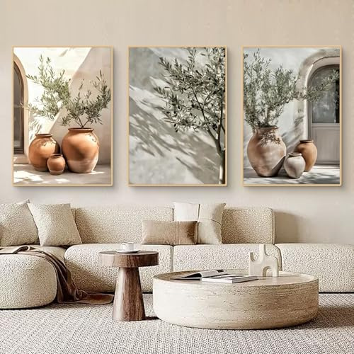 TROYSINC 3er Vintage Olivenbaum Bilder Set, Aesthetic Olivenbaum Poster Vintage Topfpflanze Bild Wandbild Italien Griechenland Wanddeko Wohnzimmer, ohne Rahmen (50x70cm,B)