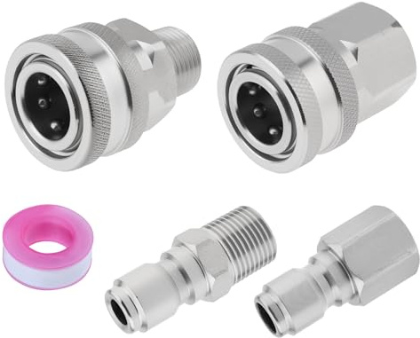 4 pcs 3/8 inch NPT Pressure Washer Adapter Set for Hose, Ball Valve, Wand, Stainless Steel Male and Female Quick Connector Kit with Tape