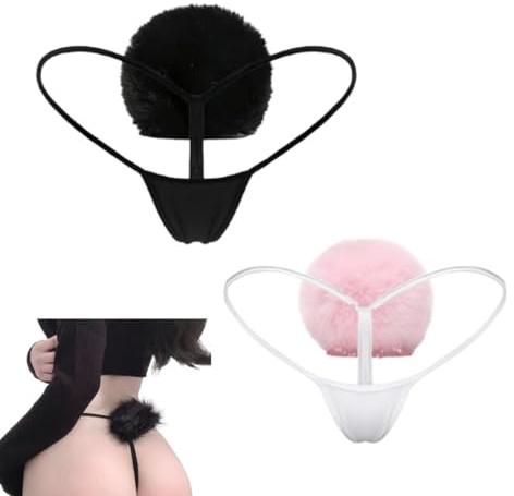 KFLY Women's Sexy Lace Panties Animal Bunny Tail Decoration Thongs Knickers | Cheeky Tanga Underwear Lingerie Cute Dog Therian Pompom Tail Hollow Out Hipster G String for Halloween Cosplay Party 2 PCS