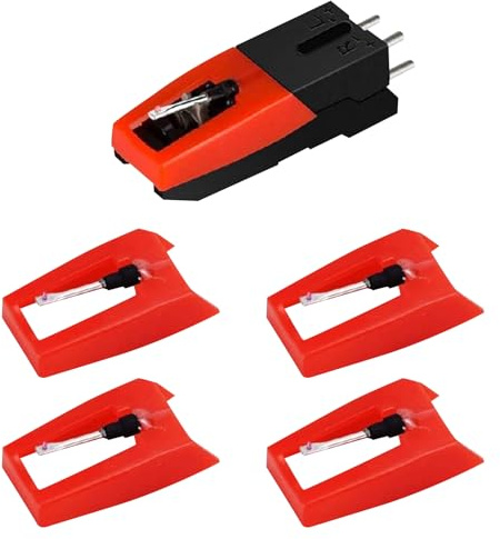 4 Pcs Record Player Needle with 1 Cartridge, Durable Record Player Needle Replacement Accessories, Turntable Diamond Replacement Stylus for Vinyl Record-Player, Vintage LP, Phonograph