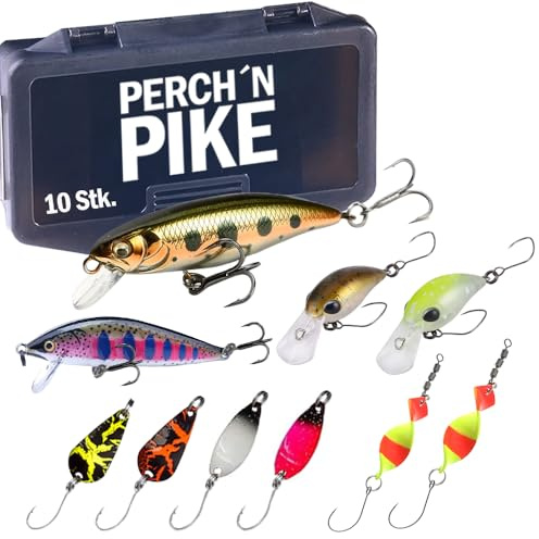 PERCH`N PIKE Forellenköder 10er Set, Angelköder Set für Forellen Angeln mit Wobbler, Spoons & Crankbaits, Kunstköder Köder Set inkl. Tackle Box, Angelzubehör Forelle in DREI Versionen