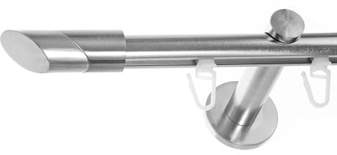 BASIT Gardinenstange Innenlauf Edelstahllook 16mm 1-läufig Wand 160cm H70 | Gardinenstangenset einläufig Wandmontage Metall Vorhangstange Wandhalterung 120-600cm wählbar Kappe Schräge E13