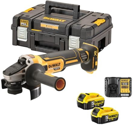 Dewalt 18 Volt 125 mm Akku-Winkelschleifer DCG405P2 (800 Watt, bürstenloser Motor, Epoxyd-Harz gepanzerte Wicklungen, elektronische Kupplung u. Bremse, inkl. 2x 5,0 Ah Akkus u. Ladegerät)