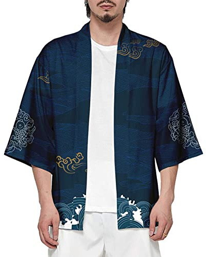 Camicia Kimono T Shirt Uomo Maniche 3/4 Cardigan Giacca Top Casual Camicetta Vintage Elegante Estiva Coppia