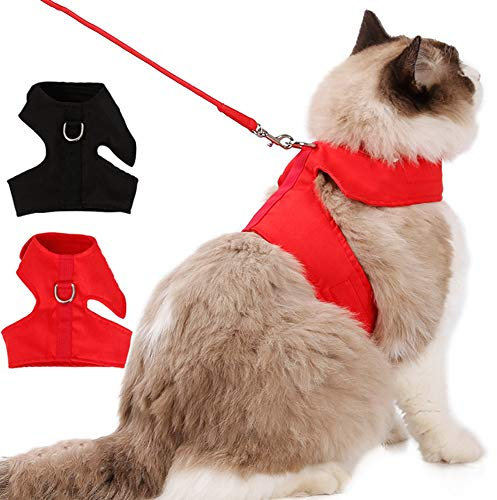 PJDDP Katzengeschirr Und Leine Set Für Gehen, Ausbruchsicher Mit 47 Zoll Leine, Einstellbaren Soft-Weste Geschirre Mit Griff Für Katzen, Kätzchen, Welpen,Rot