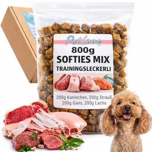 PetLove 100% Fleisch Softies für Hunde • Hundeleckerli ohne Getreide • Hoher Fleischgehalt • Hunde Leckerlis für Training • Mix (Gans, Lachs, Kaninchen, Strauß) - 3X 4er Mix (12 Tüten)