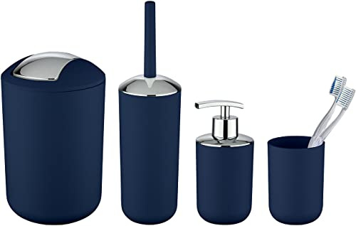 WENKO Bad-Accessoire Set Mod. Brasil, 4-teilig, Zahnputzbecher, Seifenspender, WC-Garnitur & Schwingdeckeleimer, für einheitliche Badausstattung, bruchsicherer Spezialkunststoff, Dunkelblau
