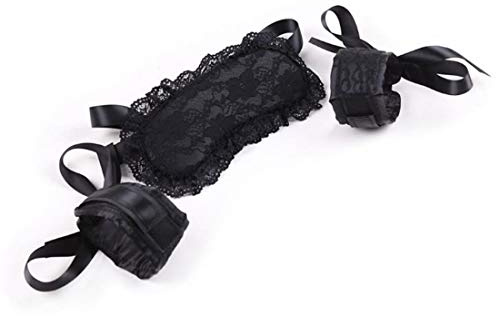 Augenmaske Sex Farbe Spitze Stoff mit Handschellen Schwamm Weich Satin Band Einstellbar SM Bondage Fesseln Rollenspiel Erotik Augenbinde Schlafmaske Sex Toys für Erwachsene Paare (Schwarz)
