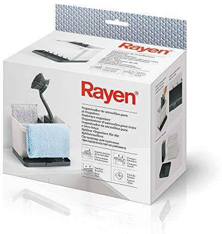 Rayen Organizador de Utensilios para el Fregadero | Espacio Interior Personalizable | Compartimentos | Bandeja de Goteo | Fácil de Limpiar, ABS, Gris Claro y Gris Oscuro, Medida: 17 x 13,3 x 11,5 cm