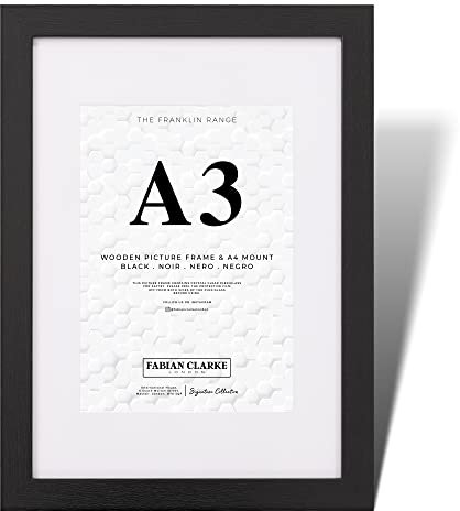 Fabian Clarke London® A3 Modern Black Wooden Picture Photo Frame with A4 White Mount to Hang Portrait or Landscape