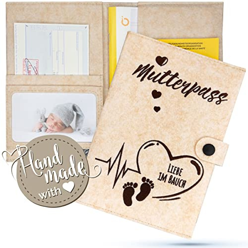 Emadele U-Heft Schutzhülle Herz&Fuß 'Liebe im Bauch' Beige aus Filz Handmade. Kinder-Untersuchungsheft Hülle für Impfpass