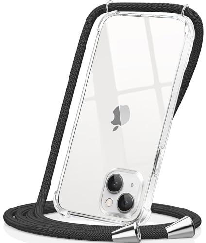 CAROKI Compatible with iPhone 13 Crossbody Phone Case, Lanyard Protective Case with Adjustable Length Lanyard Rope Shockproof Hands-Free Clear Transparent TPU Silicone for iPhone 13-Black