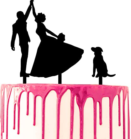 CARISPIBET wedding cake topper groom and bride dancing with a dog by their side acrylic silhouette