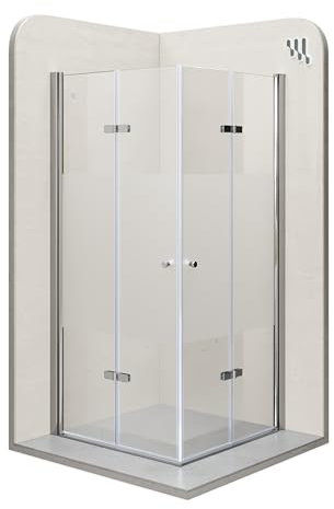 Mampara de Ducha Emma 70x90x180cm, NO REVERSIBLE, Puertas Plegables, Ajuste 68.5-70.5x88.5-90.5cm, Perfiles Cromo, Cristal Templado Parcialmente Satinado 6mm