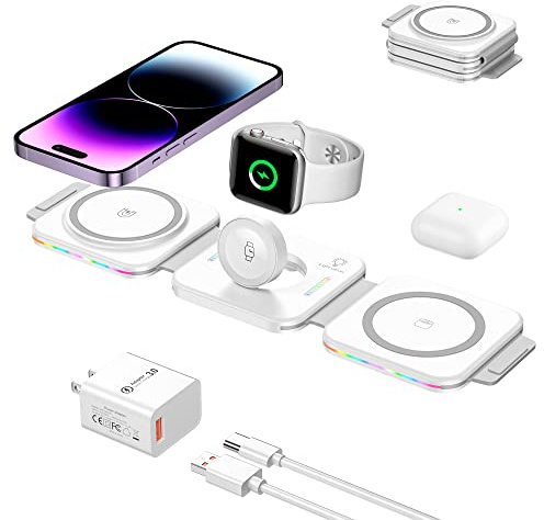 BOCLOUD 3 in 1 Magnetische Kabellose Ladestation, Mag-Safe ladegerät [Faltbar & Tragbar & Buntes Licht] Wireless Charging Ladepad für iPhone 14/13/12/11/XR/8 Serie,Samsung S22/21/20, iWatch, AirPods