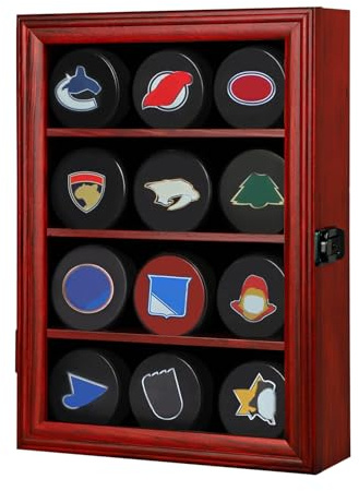 Mstrse Hockey-Puck-Vitrine aus Massivholz für 12 Hockey-Pucks, Puckhalter, Wandhalterung, Schrankständer, Hockey-Puck-Schattenbox mit Echtglas für Sammlung, Hockey-Puck, kleines Mahagoni