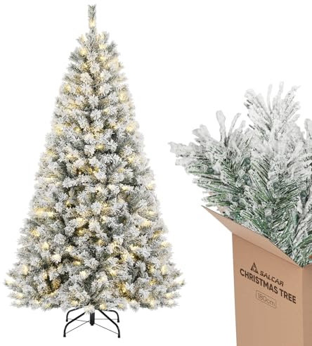 SALCAR 180 cm Künstlicher Weihnachtsbaum mit Schnee und Beleuchtung, Tannenbaum mit 828 Spitzen und 250 warmweißen LEDs, Schnellaufbau-Klappsystem Christbaum, inkl. Christbaumständer